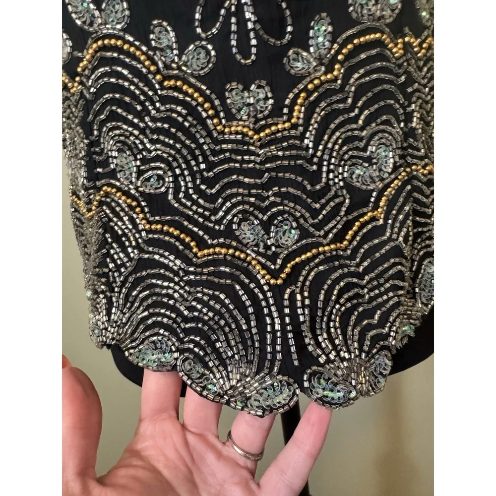 Vintage 90s Beaded Boho Top Luxe Black Gold Floral Halter Glam Art Deco Women L - Picture 3 of 8